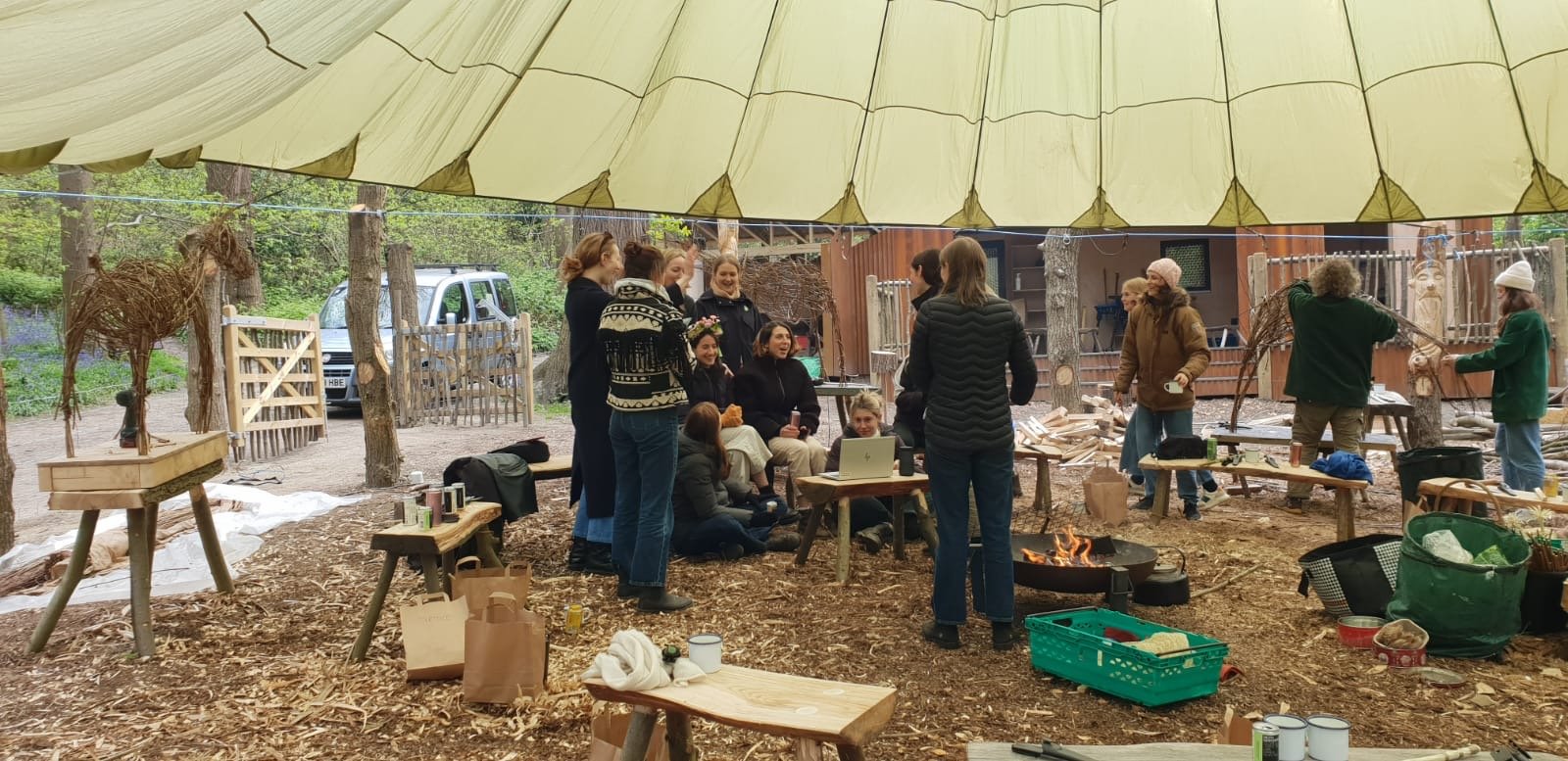 6 people standing under a parachute willow weaving